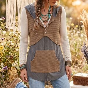 POL Olive Knit Hooded Sleeveless Tunic with Waffle and Rib Panels